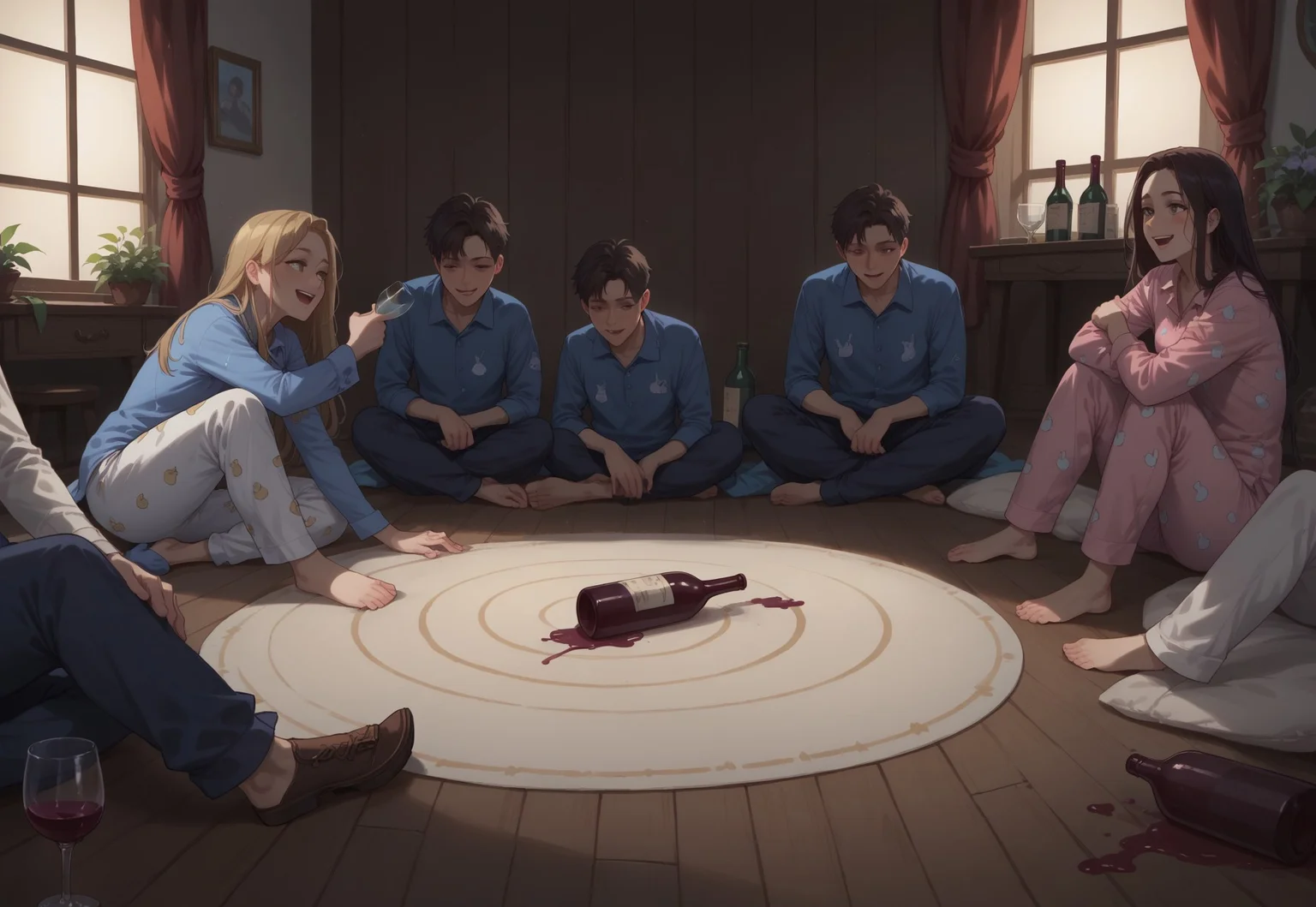 score_10, score_9, score_9_up, score_8_up, score_7_up, masterpiece, best quality, group of 6+people, 30 years old and older, the group is sitting in a circle on the floor, no one is in the center of the circle, in the middle of the circle of people is an ((empty wine bottle laying on its side)), they are playing spin the bottle, they are all wearing pajamas, happy