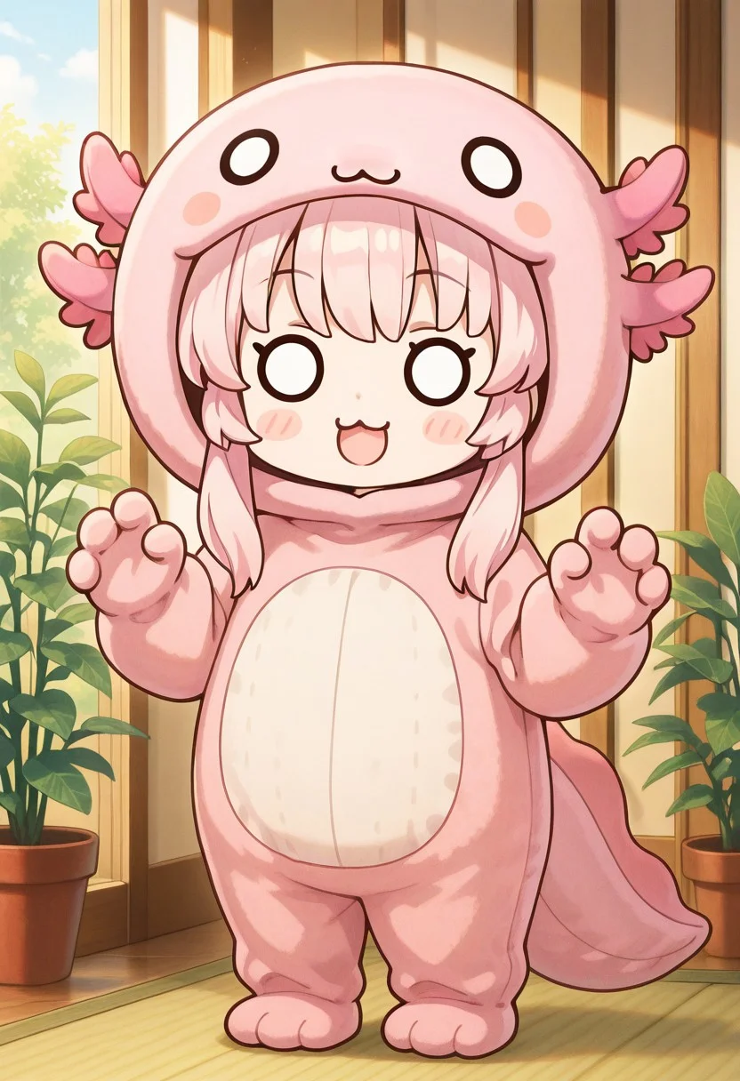 masterpiece, best quality, perfect anatomy, beautifully detailed, super precise illustration, High Details, anime style, vivid color, extremely detailed cg, amazing quality, very aesthetic, absurdres, newest,
1girl, solo, axolotl costume, chibi, eksistere, pink hair, (yellow blue heterochromia:0.2), o o, :3, open mouth smile, blush stickers, claw pose,