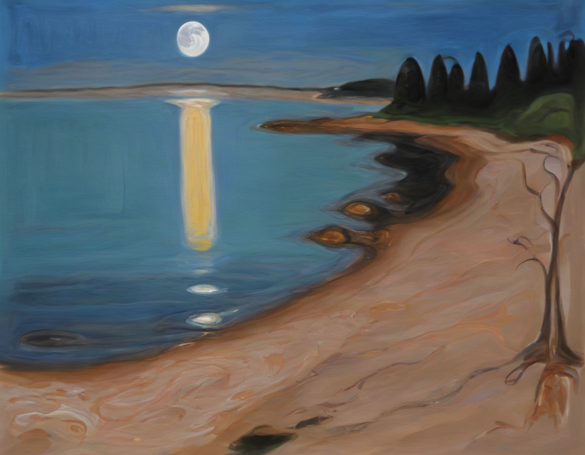 <lora:mnch:1>mnch, landscape, trees, shore, water, lake, ocean, moon, reflection