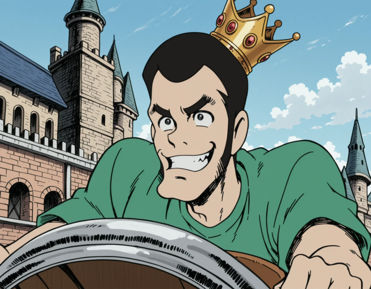 masterpiece, realism, traditional media, 1boy, crown, solo, smile, sword, weapon, grin, black hair, facial hair, parody, outdoors, green shirt, sideburns, shirt, sky, cloud, driving, short hair, official style, black eyes, castle, day, bridge, building, motor vehicle, fence, blue sky, teeth, hatching \(texture\), <lora:Lupin the Third Illustrious 0.1:1>