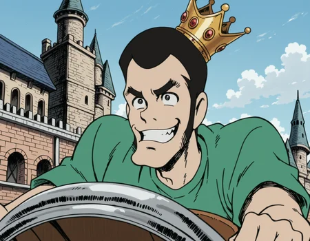 masterpiece, realism, traditional media, 1boy, crown, solo, smile, sword, weapon, grin, black hair, facial hair, parody, outdoors, green shirt, sideburns, shirt, sky, cloud, driving, short hair, official style, black eyes, castle, day, bridge, building, motor vehicle, fence, blue sky, teeth, hatching \(texture\), <lora:Lupin the Third Illustrious 0.1:1>