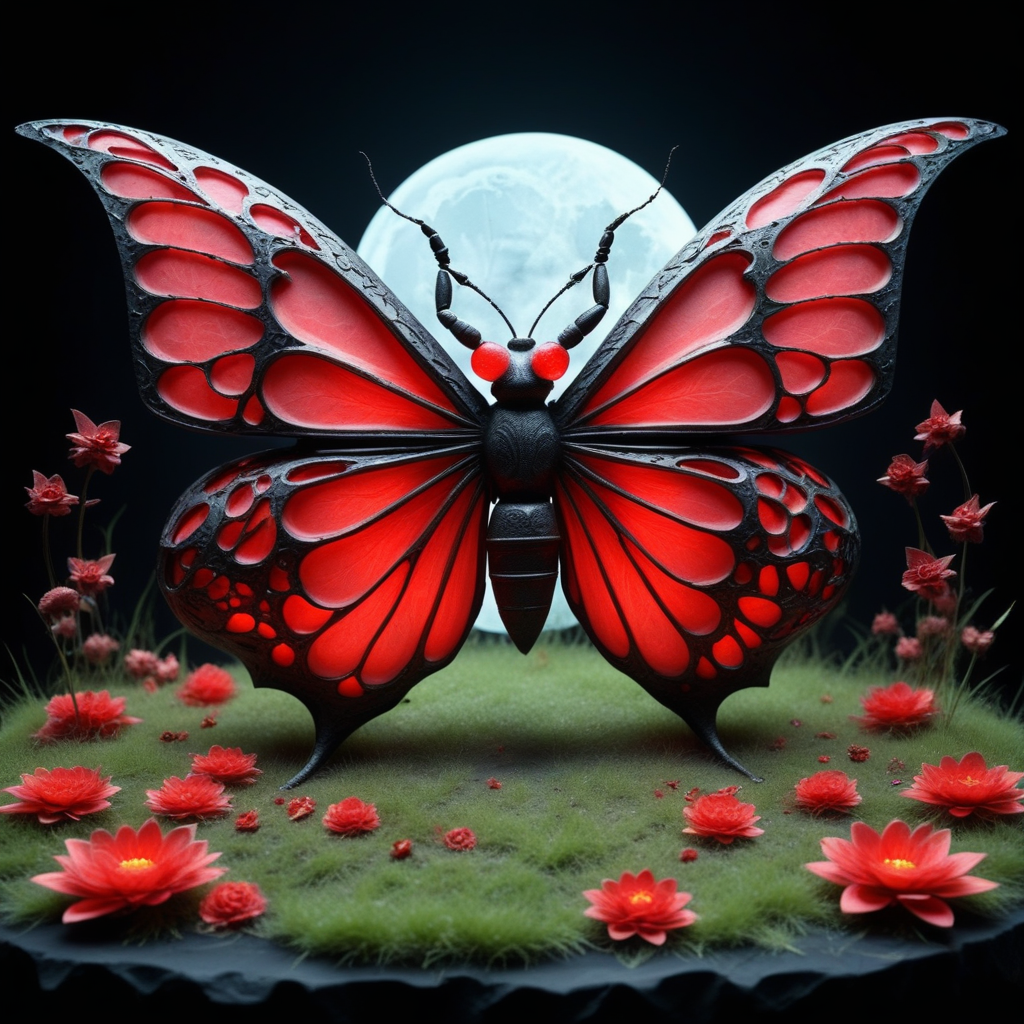 scenery, car, grass, ship, magic circle, demon tail, red flower, animal, full moon, insect wings, broken, butterfly wings, petals, bug, black background