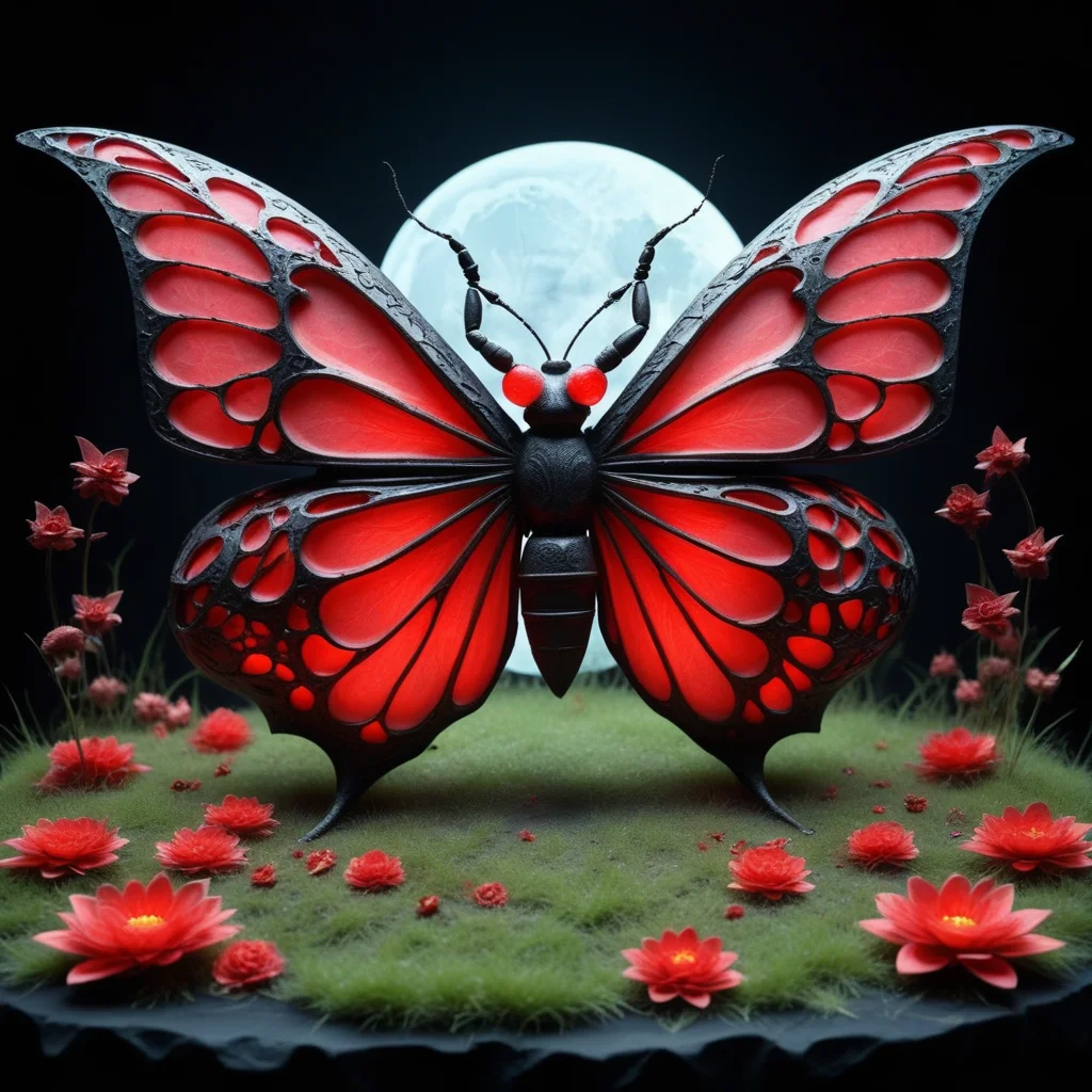 scenery, car, grass, ship, magic circle, demon tail, red flower, animal, full moon, insect wings, broken, butterfly wings, petals, bug, black background
