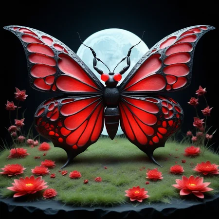 scenery, car, grass, ship, magic circle, demon tail, red flower, animal, full moon, insect wings, broken, butterfly wings, petals, bug, black background