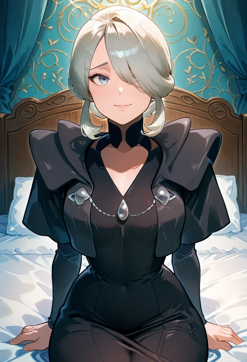 masterpiece, best quality, solo, curvy, beautiful eyes, zzCogita, hair over one eye, grey hair, white hair, short hair, grey eyes, black dress, sitting, bed, , <lora:CogitaPokemon_IXL:1.0>,, smile, looking at viewer, cowboy shot, <lora:IckpotIXL_v1:1.0>,