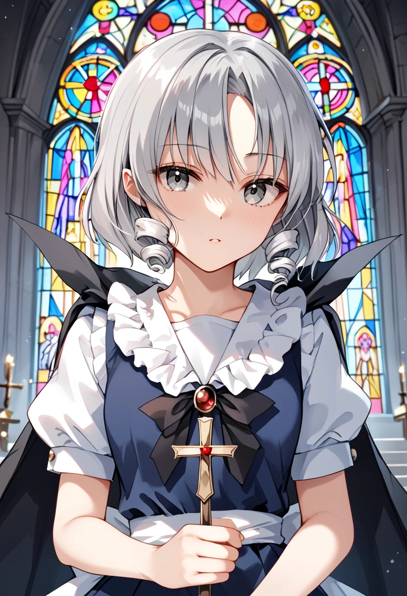 score_9_up, score_8_up, score_7_up, BREAK source_anime, (masterpiece), (best quality), 1girl, grey eyes, short sleeves, cape, holding a cross, dress, moon, black cape, puffy sleeves, drill hair, brooch, frills, puffy short sleeves, short hair, grey hair, looking at viewer, no emotions, church, closeup upper body, (ultra detailed), shine, stained glass, (from front:0.6), <lora:muse(seihou)-V1:1>
