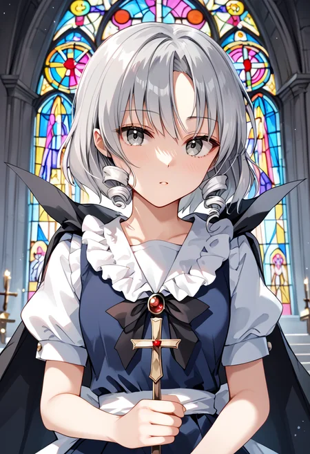score_9_up, score_8_up, score_7_up, BREAK source_anime, (masterpiece), (best quality), 1girl, grey eyes, short sleeves, cape, holding a cross, dress, moon, black cape, puffy sleeves, drill hair, brooch, frills, puffy short sleeves, short hair, grey hair, looking at viewer, no emotions, church, closeup upper body, (ultra detailed), shine, stained glass, (from front:0.6), <lora:muse(seihou)-V1:1>