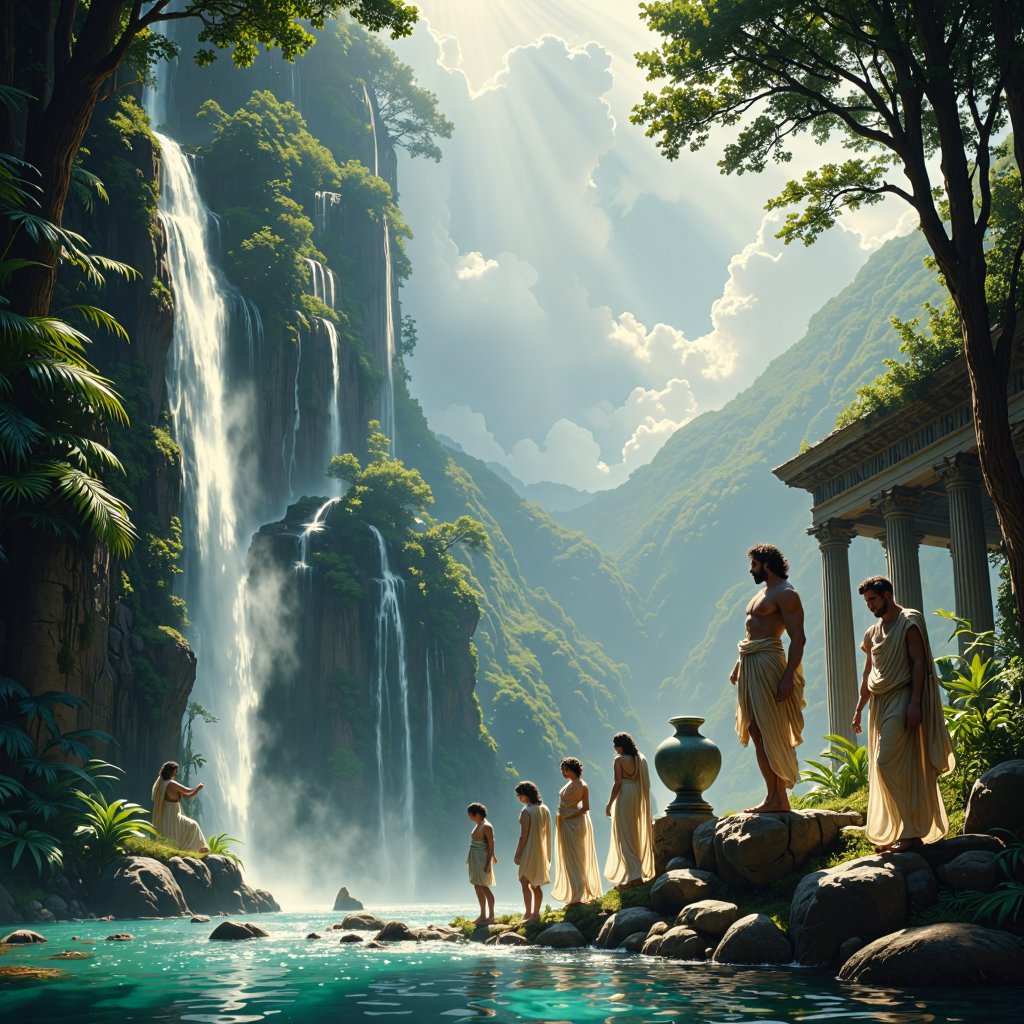 cinematic still <lora:ck-OneViolentFantasy:1> in the style of ck-ovf, Greek nymphs in filmy translucent tunics are gathering at a forest pool. The pool is at the base of a high waterfall. Bright rays of sunlight shine down from white clouds. A tall bearded man in a toga stands on a rock. The tall bearded main is standing beside a large amphora. The nymphs and the tall bearded man have curly black hair.  There is a temple opposite the waterfall. In the distance there are Greek columns. emotional, harmonious, vignette, highly detailed, high budget, bokeh, cinemascope, moody, epic, gorgeous