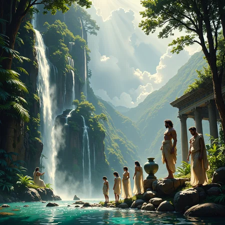 cinematic still <lora:ck-OneViolentFantasy:1> in the style of ck-ovf, Greek nymphs in filmy translucent tunics are gathering at a forest pool. The pool is at the base of a high waterfall. Bright rays of sunlight shine down from white clouds. A tall bearded man in a toga stands on a rock. The tall bearded main is standing beside a large amphora. The nymphs and the tall bearded man have curly black hair.  There is a temple opposite the waterfall. In the distance there are Greek columns. emotional, harmonious, vignette, highly detailed, high budget, bokeh, cinemascope, moody, epic, gorgeous