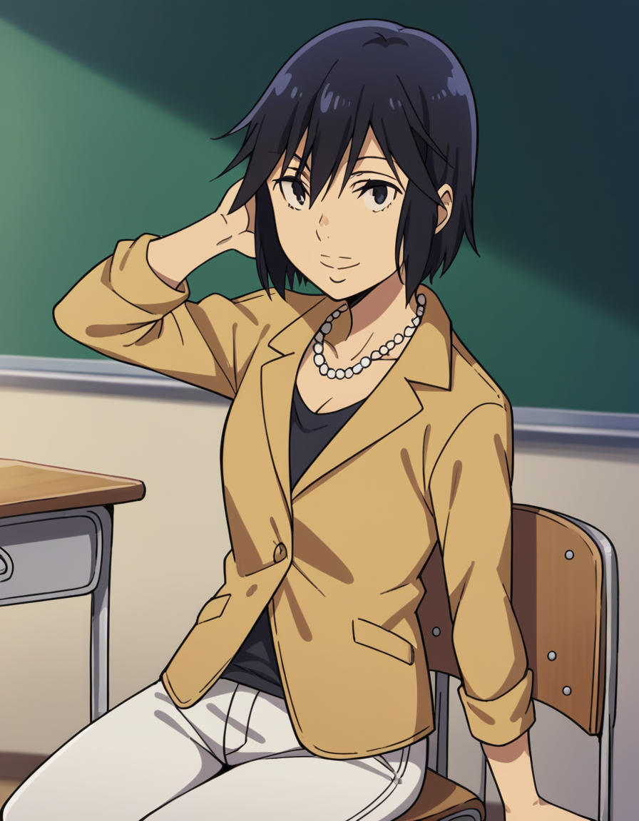 score_9, score_8_up, score_7_up, source_anime, <lora:sachiko-fujinuma-s1-ponyxl-lora-nochekaiser:1>, sachiko fujinuma, short hair, black hair, black eyes,, jewelry, jacket, pants, necklace,, classroom, chalkboard, day time, studying, sitting, chair, desk,, smile, looking at viewer, hand behind head, solo,, cowboy shot, dutch angle