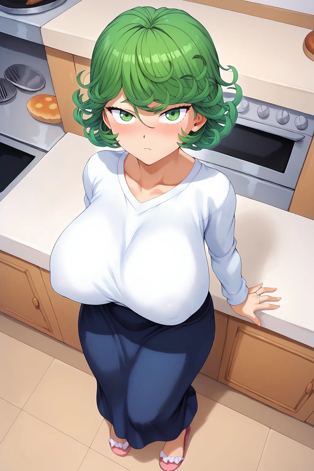 score_9, score_7_up,
BREAK
solo, 1girl, looking at viewer, from above, closed mouth, light frown, blush,
<lora:tatsumaki-like-wife:1>, t4tsumaki-like-w1fe, large breasts,
shirt, long sleeves, apron, slipper, long skirt, sweater, housewife, wedding ring, jewelry,
indoors, kitchen