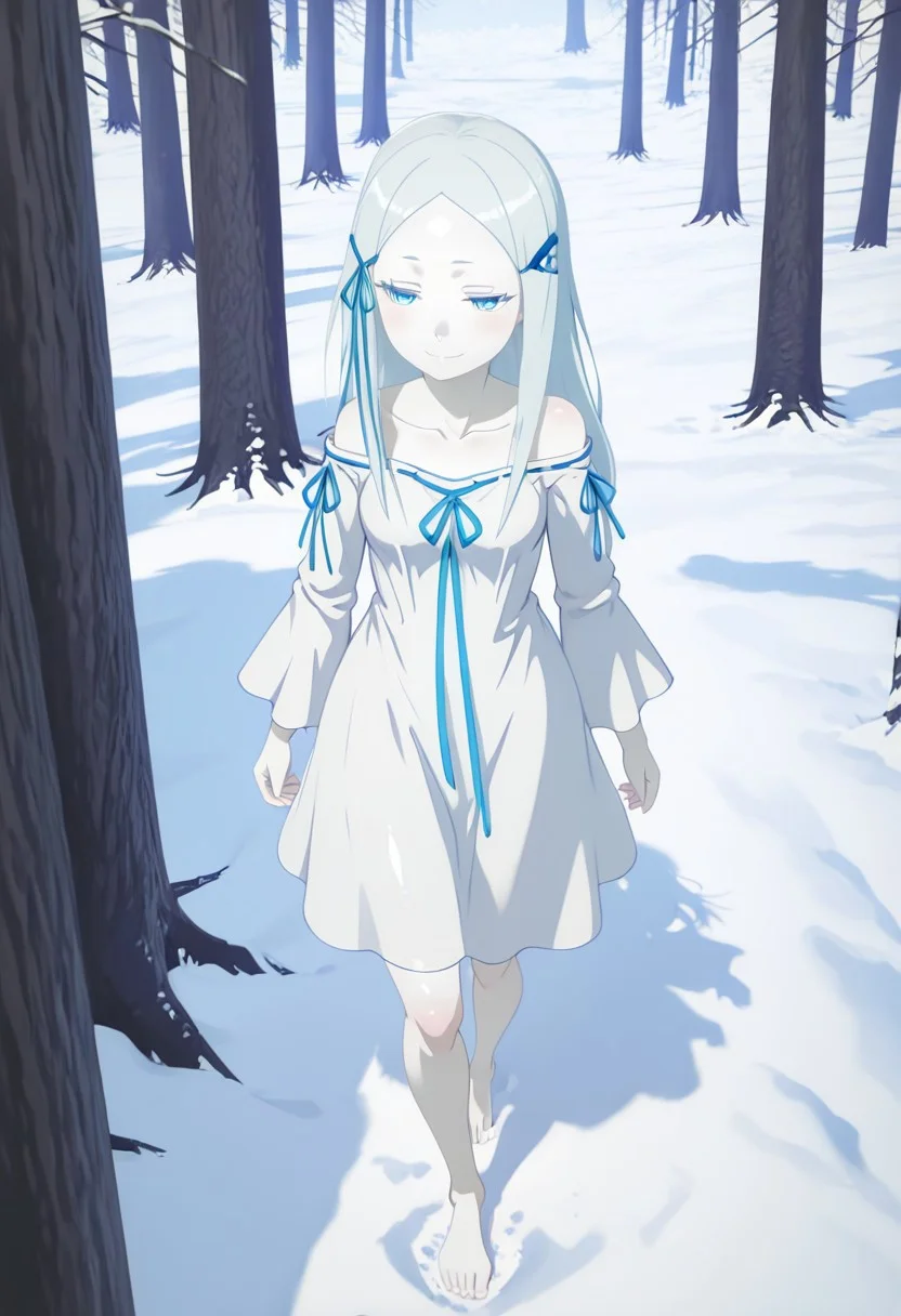 BotWYei,,3d, shiny skin,winter, highlight,snow,eye level view
pandora, 1girl, pale skin, long hair, white hair, blue eyes, small breasts, blue hair ornament, white dress, long sleeves, bare shoulders, collarbone, blue ribbon, barefoot,dress too big,
Walking in the wood,Backview,looking back,smug,hands behind
