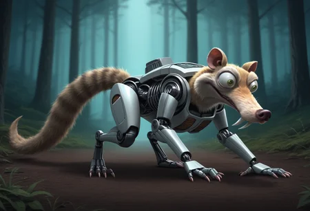 High quality, Giant transformer beast scrat like, Bulging eyes bushy tail, skinny, (robotic transformer:1.2), holding a big mechanic acorn with digital parts and LED lights,  <lora:Scrat_Ice_Age_PONY:0.75> Scrat, intense (looking to viewer:1.1), on all fours running quadruped in the forest