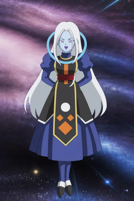 source_anime, score_9, score_8_up, score_7_up, anime screencap,8k, absurd res,
marcarita, hair down, 1girl, solo, long hair, looking at viewer, smile, open mouth, black dress, very long hair, purple eyes, full body, white hair, :d, colored skin, arms behind back, juliet sleeves, star, (sky), (mtf), blue skin, space, planet, blue legwear, blue undershirt, blue dress, gold trim, high heels, neck ring, print dress, puffy sleeves, long sleeves, long skirt, pantyhose, sleeveless dress, turtleneck, two tone footwear, white footwear, underskirt, black footwear, red sash
<lora:marcarita_pony_v1:0.8>