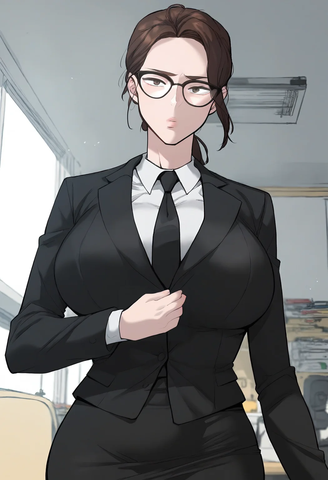score_9, score_8_up, score_7_up, score_6_up, source_anime, rating_explicit, 1girl, (solo:1.1), huge breasts, <lora:Lee Saim prefectPonyxl:0.9> brown hair, ponytail, glasses, long hair, black-framed eyewear, grey eyes, brown eyes, office lady, black jacket, long sleeves, black necktie, white shirt, collared shirt, black skirt, pencil skirt, expressionless, office room, indoors, looking at viewer, standing