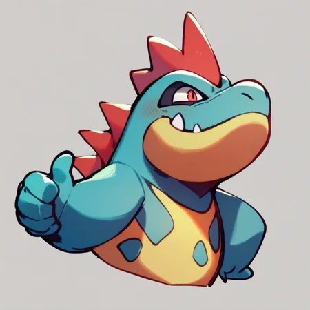 Score_7_up, score_8_up, score_9, upper body, croconaw, fangs, pokemon (creature), red spikes, (thumbs up), simple background,