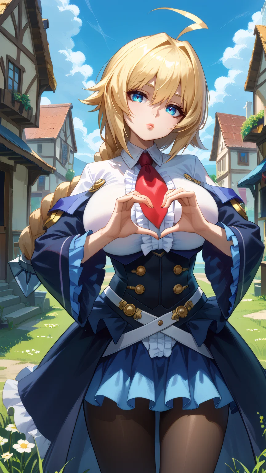 score_9, score_8_up, score_7_up,  score_6_up BREAK 1girl, looking at viewer, cowboy shot, mature female, 
<lora:Es_Dwnsty:1>, es_def, blue eyes, blonde hair, huge ahoge, single braid, long hair, dress, underbust, center frills, red necktie, white shirt, frills, wide sleeves, skirt, black pantyhose, 
large breasts, lips, expressionless,  head tilt, 
outdoors, grass, blue sky, village, standing, heart hands,