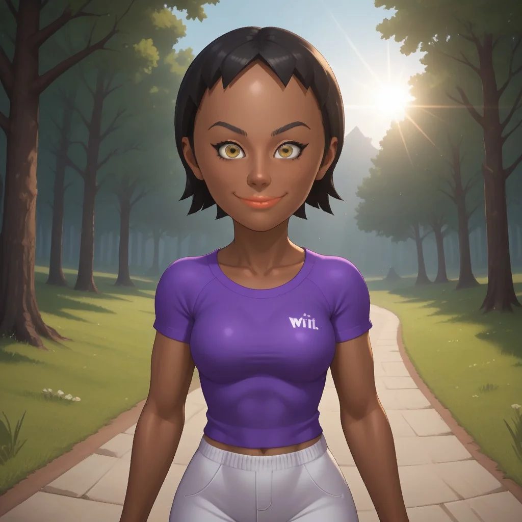 score_9, score_8, BREAK, solo, mii, wii, wii sports, 1girl, female mii, cute, black hair, black skin, black eyebrows, dark yellow eyes, lips, purple clothing, white pants, shoes, breasts, Sandra_(Wii_Sports), nintendo mii, modern_mii, classic_mii, sexy pose, smile, outdoors, sunlight, shadows, evening lighting, natural lighting, forest, trees, grass, orange sky, sunset