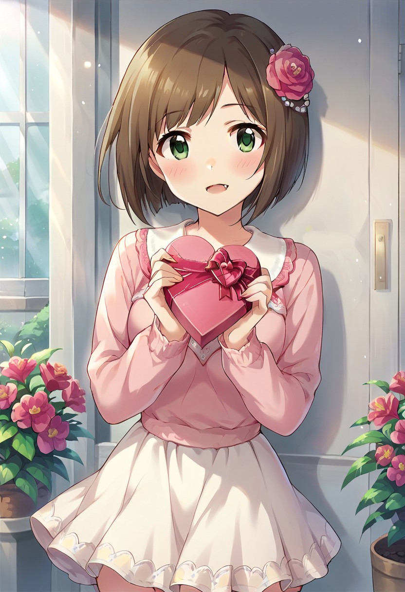 score_9, score_8_up, score_7_up, source_anime,maekawa miku, brown hair, green eyes, short hair, 1girl, solo, fang, hair ornament, skirt, hair flower, blush, flower, valentine, box