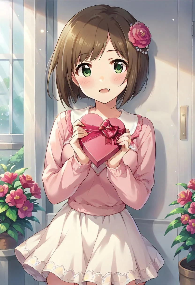 score_9, score_8_up, score_7_up, source_anime,maekawa miku, brown hair, green eyes, short hair, 1girl, solo, fang, hair ornament, skirt, hair flower, blush, flower, valentine, box