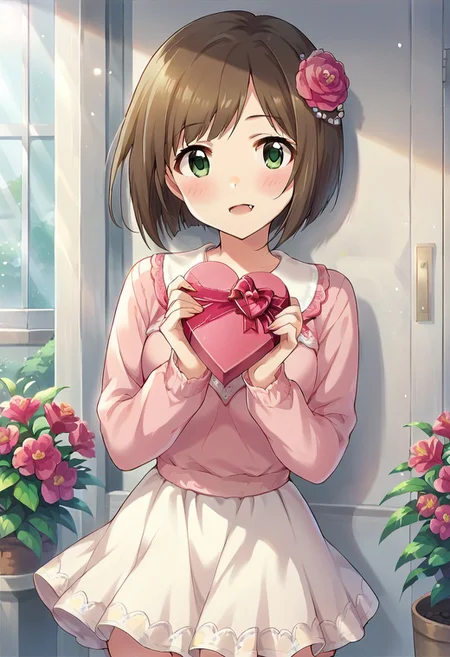 score_9, score_8_up, score_7_up, source_anime,maekawa miku, brown hair, green eyes, short hair, 1girl, solo, fang, hair ornament, skirt, hair flower, blush, flower, valentine, box