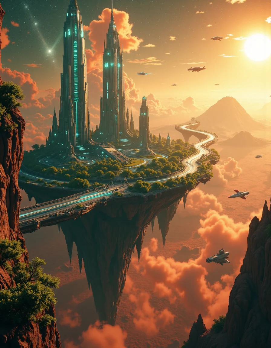 Suspended in the vast expanse of space, a mesmerizing chain of islands drifts serenely in orbit around the red planet, Mars. Each island hovers at a different altitude, their surfaces adorned with lush, emerald foliage that flourishes beneath the glimmering force fields enveloping them like protective shields. The shimmering barriers ripple like liquid light, refracting the harsh glow of distant stars and painting the sky with an ethereal iridescence.
Expansive land bridges connect these celestial wonders, their structures crafted from advanced alloys that gleam under the golden radiance of a nearby sun. Towering skyscrapers, sleek and futuristic, rise like monolithic sentinels from the dense greenery, their crystalline facades pulsing with streams of neon energy. Some seem to touch the heavens, their uppermost floors disappearing into the wisps of cosmic mist that swirl around them.
Above and below, sleek shuttles weave through the intricate pathways of this orbital oasis, descending gracefully toward the Martian surface in choreographed arcs of propulsion and light. Each craft leaves behind a faint, luminescent trail as it navigates through the shimmering force fields, vanishing into the crimson haze that blankets the planet below. The scene is a breathtaking fusion of sci-fi wonder and mystical grandeur, rendered in stunning 8K detail with the magic of Unreal Engine, Octane Render, and the unparalleled realism of ray tracing. It is a vision of a world where technology and fantasy entwine, suspended in the cosmos like an artistâs dream brought to life. <lora:Flux_Detailer_v3:0.8> Jeddtlv3 <lora:Test:0.8> n1t3_du5t
