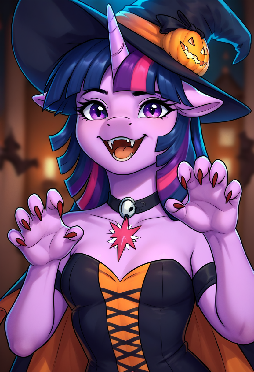 score_9, score_8_up, score_7_up, score_6_up, rating_safe, 1girl, horse girl, pony, twilight sparkle, halloween, vampire costume, pumpkin hat, upper body, fangs, open mouth, happy, claw pose, medium breasts,