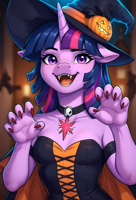 score_9, score_8_up, score_7_up, score_6_up, rating_safe, 1girl, horse girl, pony, twilight sparkle, halloween, vampire costume, pumpkin hat, upper body, fangs, open mouth, happy, claw pose, medium breasts,