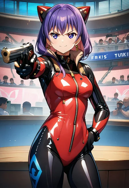 masterpiece, best quality, anime girl, latex suit, Turkish Killer Pose, Pistol hand gesture, aiming