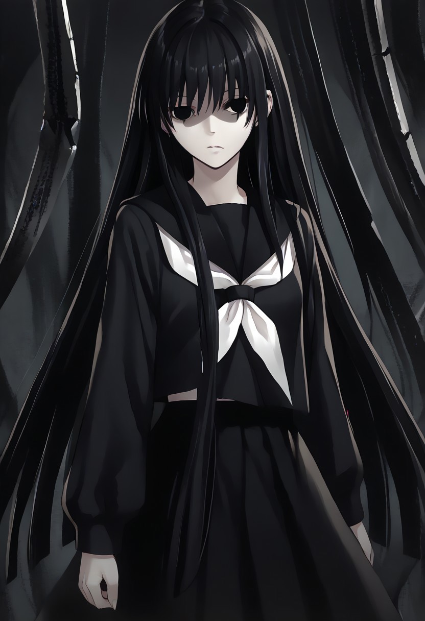 score_9, score_8_up, score_7_up, score_6_up, score_5_up, score_4_up, source_anime, 1girl, solo, 
hagoromo gitsune,shaded face,black eyes,empty eyes,black hair,very long hair, 
black serafuku,pantyhose,black sailor collar,black skirt, 
masterpiece, best quality, very aesthetic, absurdres,
