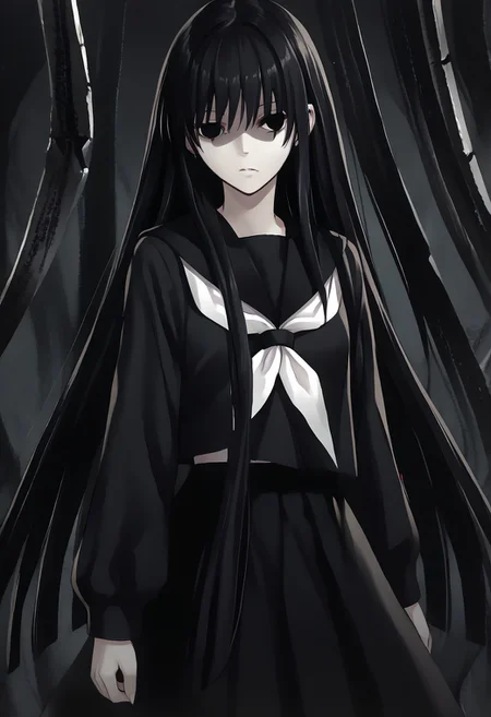 score_9, score_8_up, score_7_up, score_6_up, score_5_up, score_4_up, source_anime, 1girl, solo, 
hagoromo gitsune,shaded face,black eyes,empty eyes,black hair,very long hair, 
black serafuku,pantyhose,black sailor collar,black skirt, 
masterpiece, best quality, very aesthetic, absurdres,