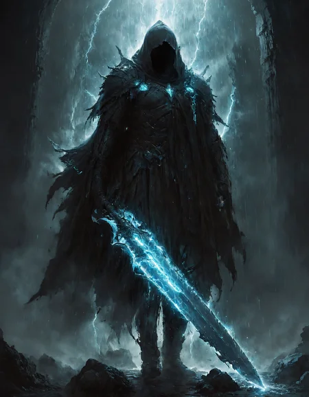 concept art hidden face, mysterious, hooded, full body, dark enigmatic warrior, standing, storm of falling shards, glowing ethereal giant heavy thick sword in hand, warriorâs intricate armor, tattered cloak that billows in the wind, atmosphere is charged with an otherworldly energy, fantasy realism, dramatic lighting, detailed textures to bring the scene to life, <lora:zavy-cntrst-sdxl:1.5>, <lora:- SDXL - vanta-black_contrast_V3.0:0.4>, <lora:glowneon_xl_v1:0.4> . digital artwork, illustrative, painterly, matte painting, highly detailed