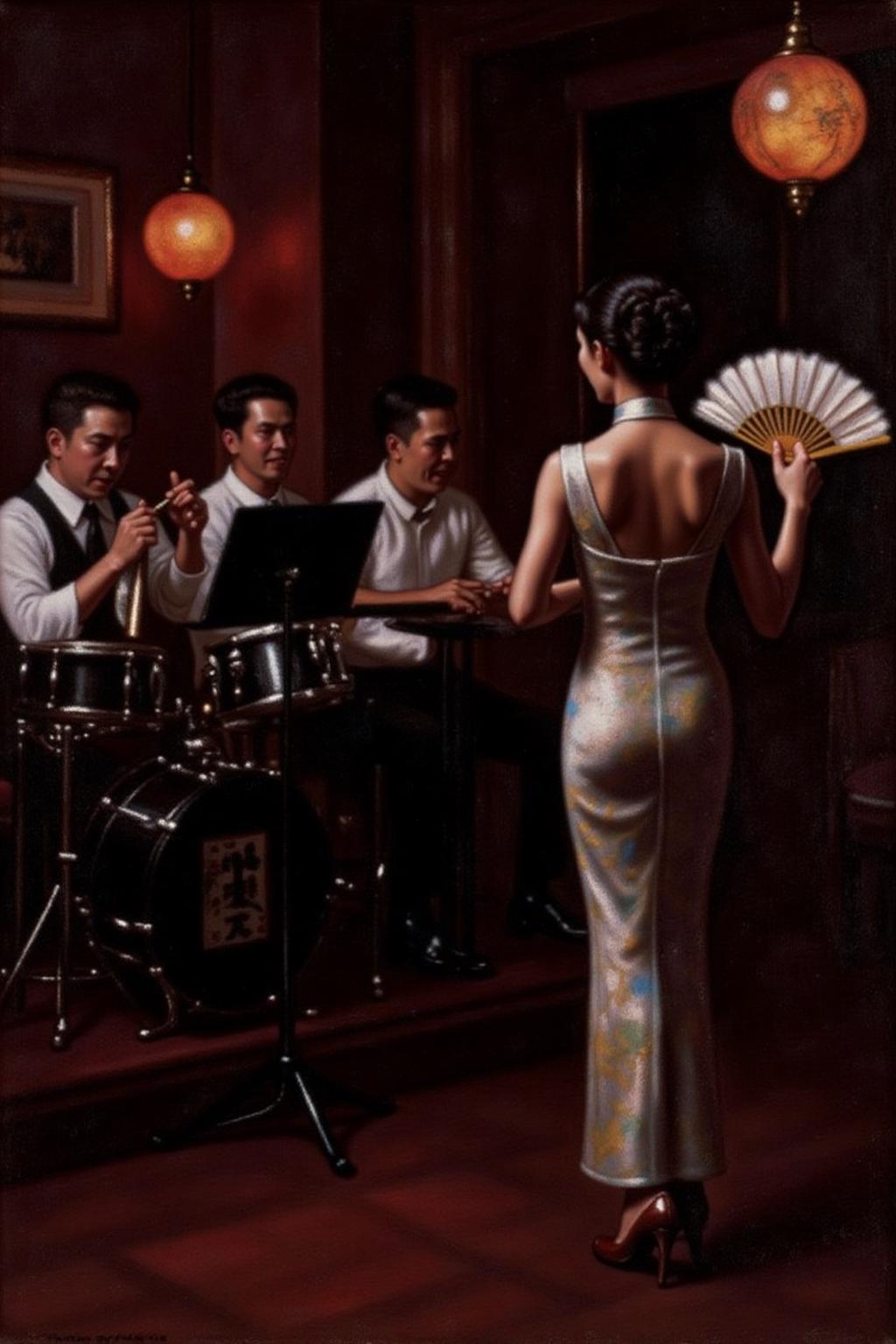 chenyifei2 painting. 
A scene at a nightclub in Shanghai in the 1930s. On the right, a woman wearing a traditional cheongsam is standing, holding a large feather hand fan in her hand. On the left, a group of musicians is playing.
  <lora:chenyifei2_cap_d6a3:1.0><lora:839842788721031996:0>