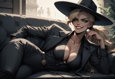 score_9, score_8_up, score_7_up, score_6_up, manhwastyle, 1woman, DetectiveIncog, fair skin, green eyes, ponytail, mischievous, sly, playful, half-closed eyes, smirk. fedora, wearing bikini, pov, lying on a couch