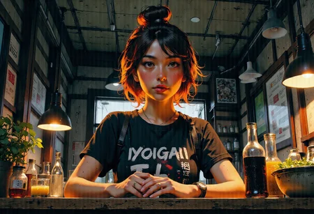 ((best quality)), ((masterpiece)), (detailed), backlighting, (1girl), (torogao), (streaked hair), fit, medium breasts, tan, short hair, (tshirt), <lora:yoneyamaMaiStyle_yoneyamaMaiV2Locon:0.9>, <lora:Reon_Kadena_chilloutmix:0.7>