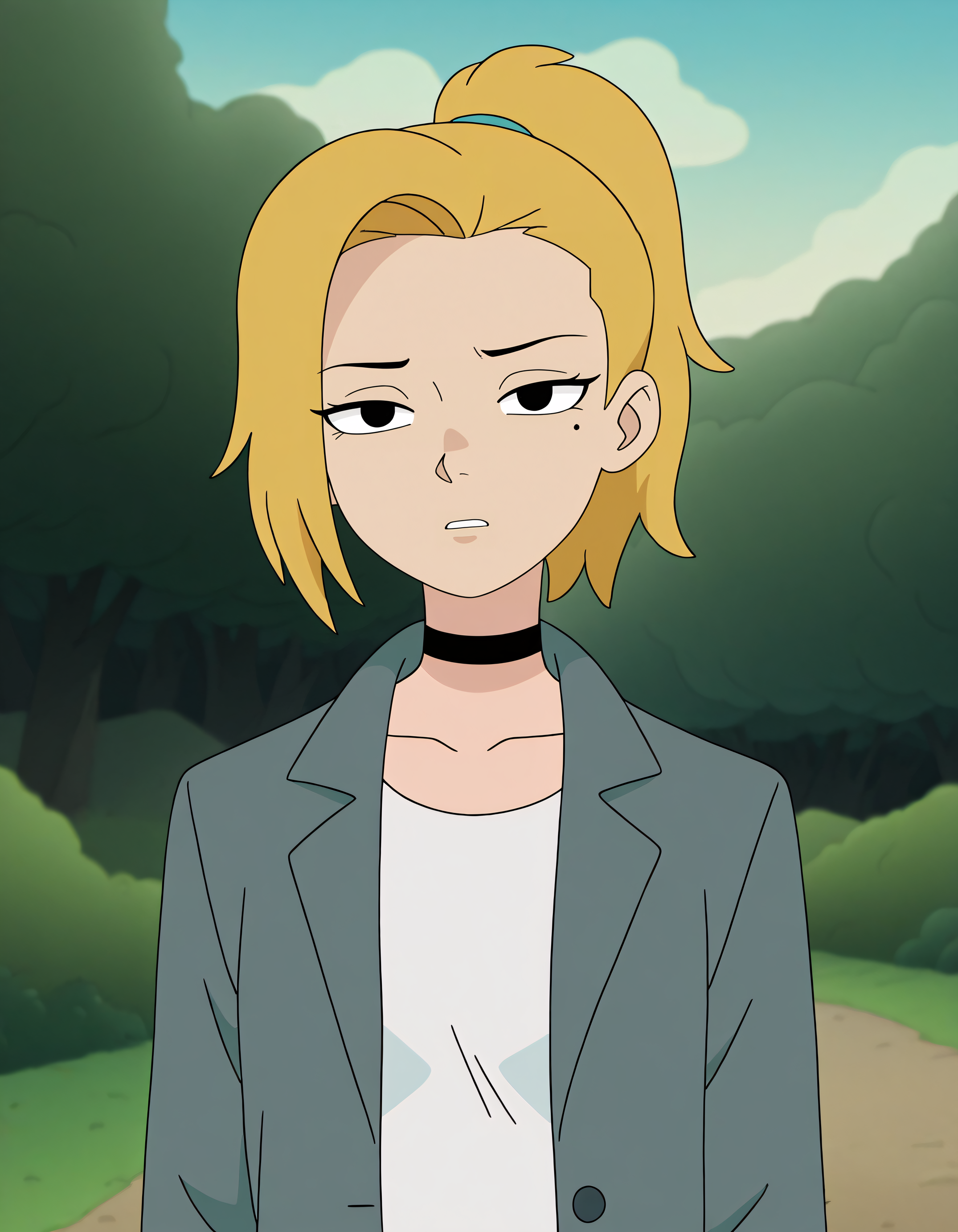very awa, masterpiece,best quality,amazing quality, best quality, newest, absurdres, highres, detailed background, detailed hair, depth of field, detailed skin, best quality, amazing quality, very aesthetic, high resolution, ultra-detailed, absurdres, OverallDetailXL, skinny, narrow waist, aged up, c3nt4urw0rld, outdoors, tree, parody, nature, sky, forest, cloud, grass, Sasha Waybright, mole under eye, sasha waybright, bandsasha, blonde hair, short hair, high ponytail, ponytail, Shirt, jacket, open jacket, white shirt, Charcoal Gray jacket, choker, black choker, portrait, facing viewer, looking at viewer,,