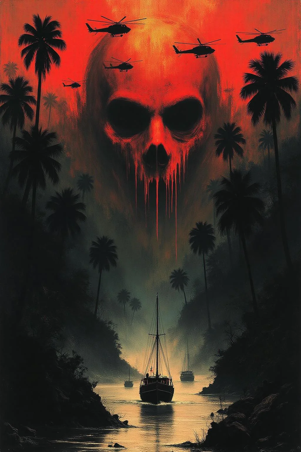 apoca1 illustration. A dramatic, surreal poster inspired by the film Apocalypse Now, featuring a large, ominous face illuminated in red and orange tones, blending into the background of a dark, eerie jungle. Helicopters fly in formation across the blood-red sky, while a riverboat sails through the misty waters below. The composition is intense and haunting, with an atmosphere of chaos and foreboding. The color palette is dominated by fiery reds, deep shadows, and golden highlights, evoking a sense of psychological tension and war's devastation <lora:apocalypse_now1_fl_d4a2:0.8><lora:803274470795130110:0>