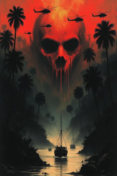apoca1 illustration. A dramatic, surreal poster inspired by the film Apocalypse Now, featuring a large, ominous face illuminated in red and orange tones, blending into the background of a dark, eerie jungle. Helicopters fly in formation across the blood-red sky, while a riverboat sails through the misty waters below. The composition is intense and haunting, with an atmosphere of chaos and foreboding. The color palette is dominated by fiery reds, deep shadows, and golden highlights, evoking a sense of psychological tension and war's devastation <lora:apocalypse_now1_fl_d4a2:0.8><lora:803274470795130110:0>