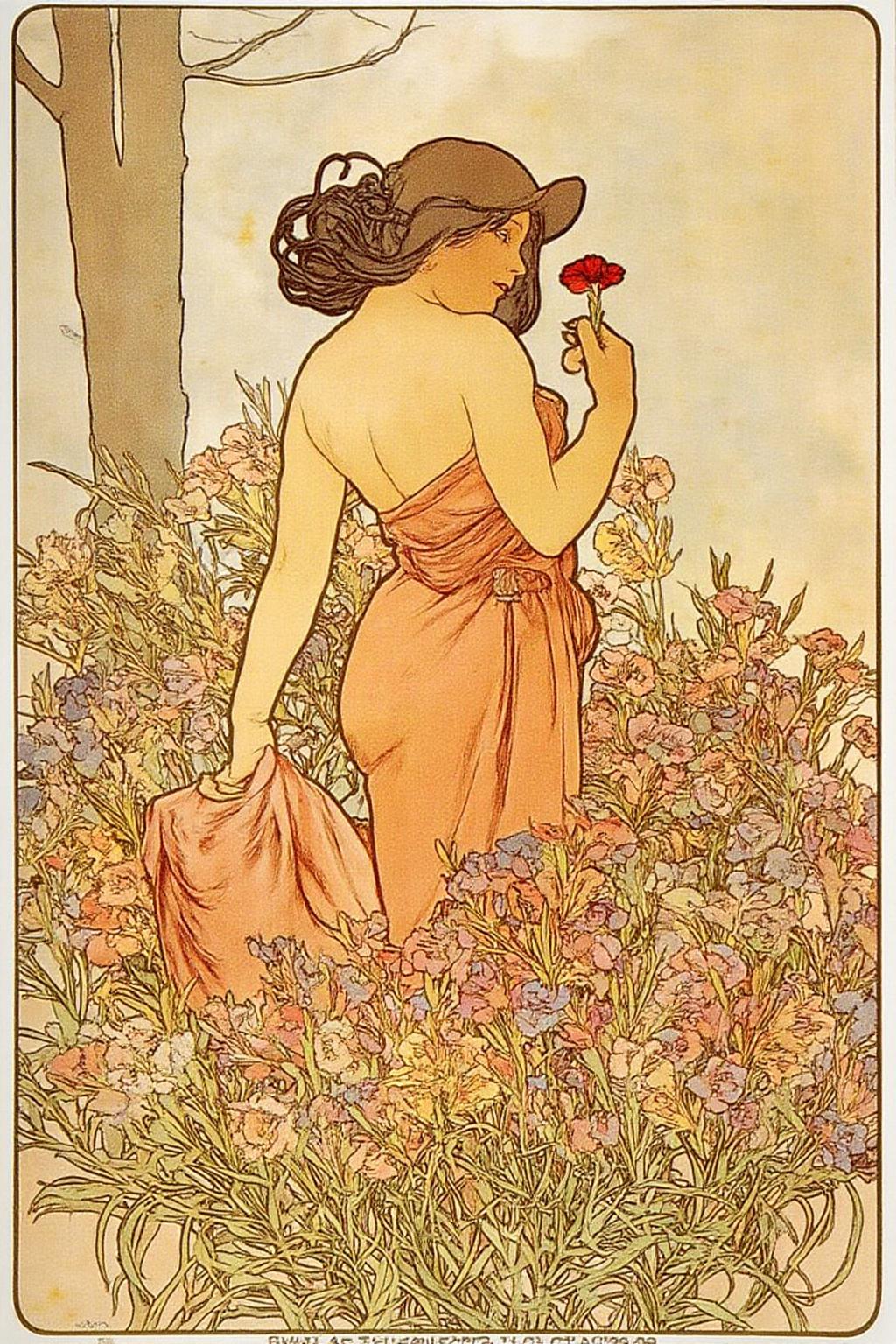 mucha1 illustration. 
Side view of a woman, depicted in a serene, elegant pose, with a stylized, elongated figure. She is positioned slightly to the right, gazing down at a red carnation she holds delicately in her right hand. <lora:mucha1_cap_d6a3e11:1.0><lora:822877075196090072:0>