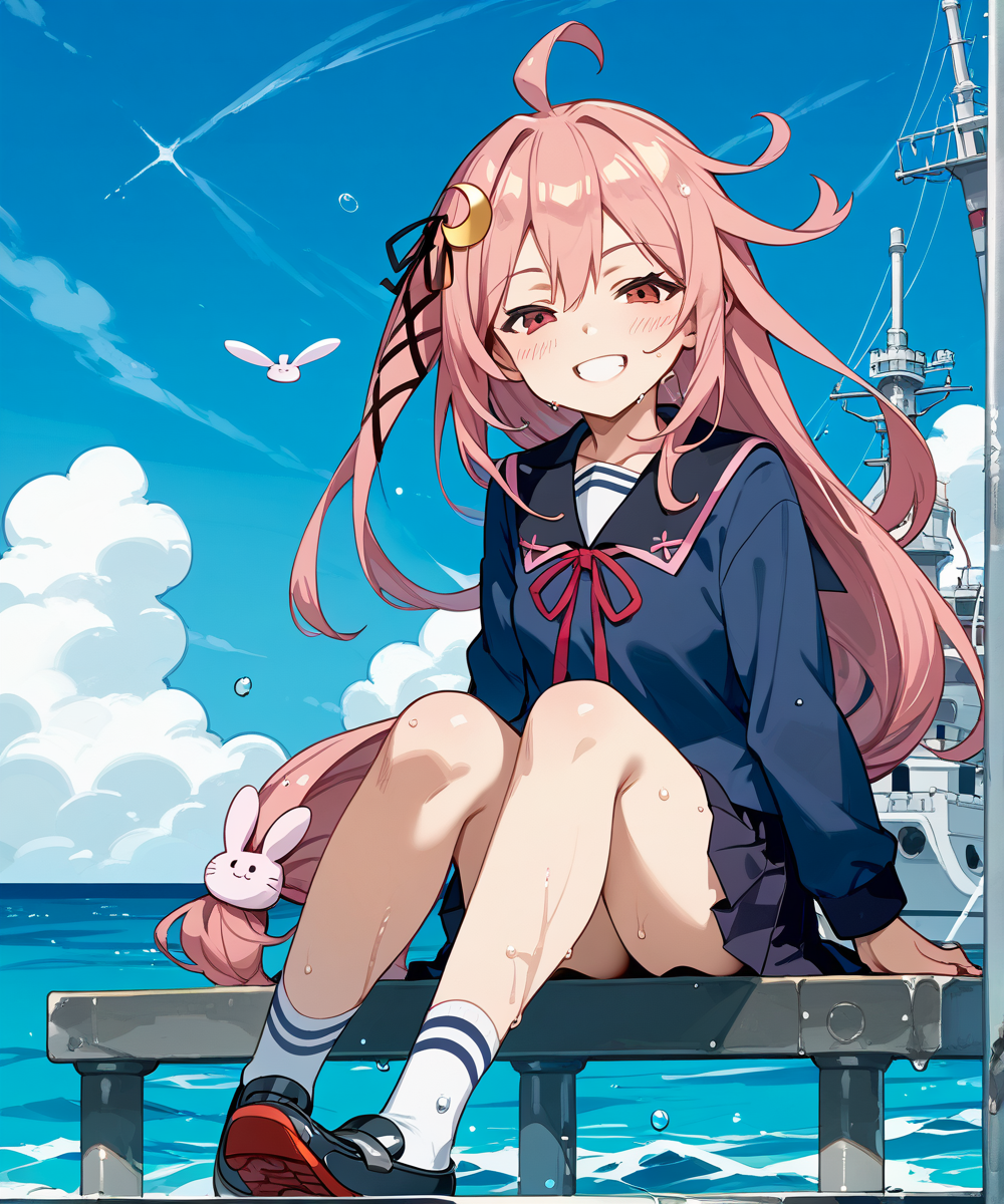 score_9,score_8_up,score_7_up,2D animation style,source_anime,anime screencap,rating_explicit,best quality,masterpiece,Japanese Anime Style,(solo),(1girl),smile,Expressiveh,<lora:Expressive_H:0.7>,looking at viewer,<lora:kc_uzuki_ponyxl:0.9>,uzuki (kantai collection),pink hair,red eyes,low-tied long hair,ahoge,crescent hair ornament,rabbit hair ornament,hair ribbon,school uniform,serafuku,neck red ribbon,long sleeves,pleated skirt,black skirt,striped calf socks,black shoes,small breasts,full body view,happy,ocean,sitting,half closed eyes,wet,
