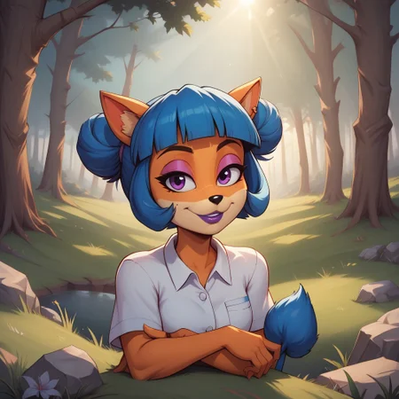 score_9, score_8, BREAK, megumi_bandicoot, bandicoot, blue hair, twin bun, purple eyes, lab assistant outfit, smiling, orange skin, dual-colored skin, black nose, eyelashes, purple lips, animal ears, blue bun tail, sexy pose, self portrait, smile, outdoors, sunlight, shadows, evening lighting, natural lighting, forest, trees, grass, orange sky, sunset