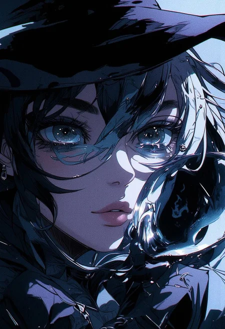 sbfte, de01, detail eyes, magic eyes, 8k.
A pen and ink style expressionism painting. Portrait of a female detective scowling into a magnifying glass. The glass is crystal clear, showing a water portal through the glass. The detective is wearing a black suit that emanates her shadowy figure. 
Anime art of Detective draped in shadows with a lighting that enhances her unique features. Ultra detailed artistic abstract.