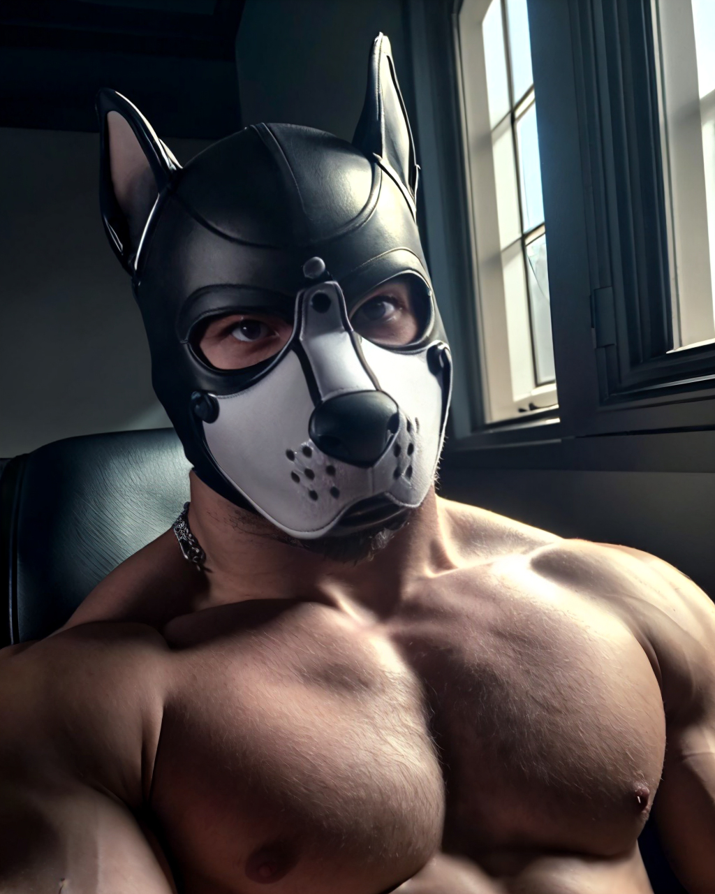 ASCII<lora:Pup_mask_jock:0.5>  photo of a man, pup mask, nude, looking away, young, muscular, abs, sitting in chair, penis and testicles, open, hairy pecs, athletic, looking at viewer, face, dark bedroom, windows, ((close up portrait)), high detail, realistic, high detail, 8k, (Masterpiece, high quality:1.3), masterpiece, depth of field, bokeh, detailed, homoerotic, (homoerotic), highly detailed, sharp focus, intricate, smooth, elegant, fantasy, cinematic lighting, cinematic, masterpiece, matte, photorealistic, 4k, beautiful, volumetric lighting, dramatic,