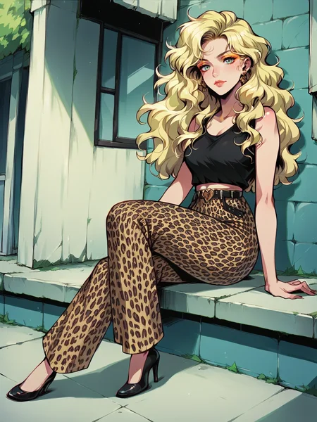 score_9, score_8_up, score_7_up, score_6_up, score_5_up, makeup, wavy hair, <lora:v1nv1xXLP:1> v1nv1x, 1girl, blonde hair, curvy, looking at viewer, 1980s, full body, leopard print pants,