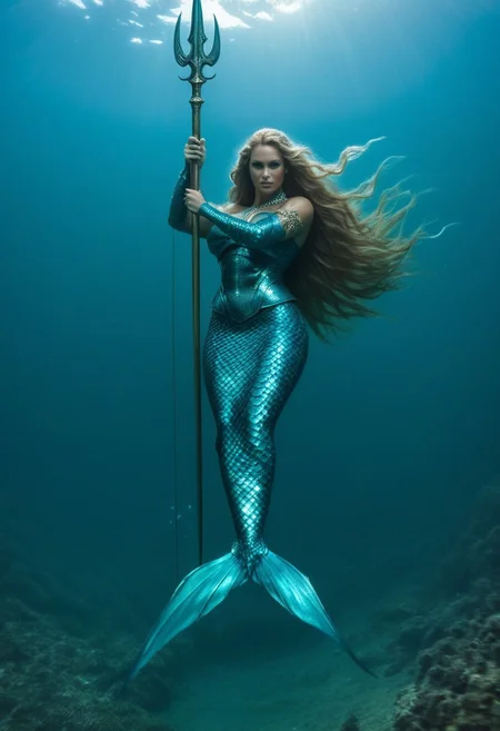 mythical beautiful norse sea goddess mermaid, (((holding trident))) , long hair,muscular, ((floating at bottom of the ocean)), very long hair, (((no horns))), ohwx woman,face of a godess, regal stance, god of the seas, battle armour,os,highseas, epic realism, epic realistic, underwater, body fish scales,