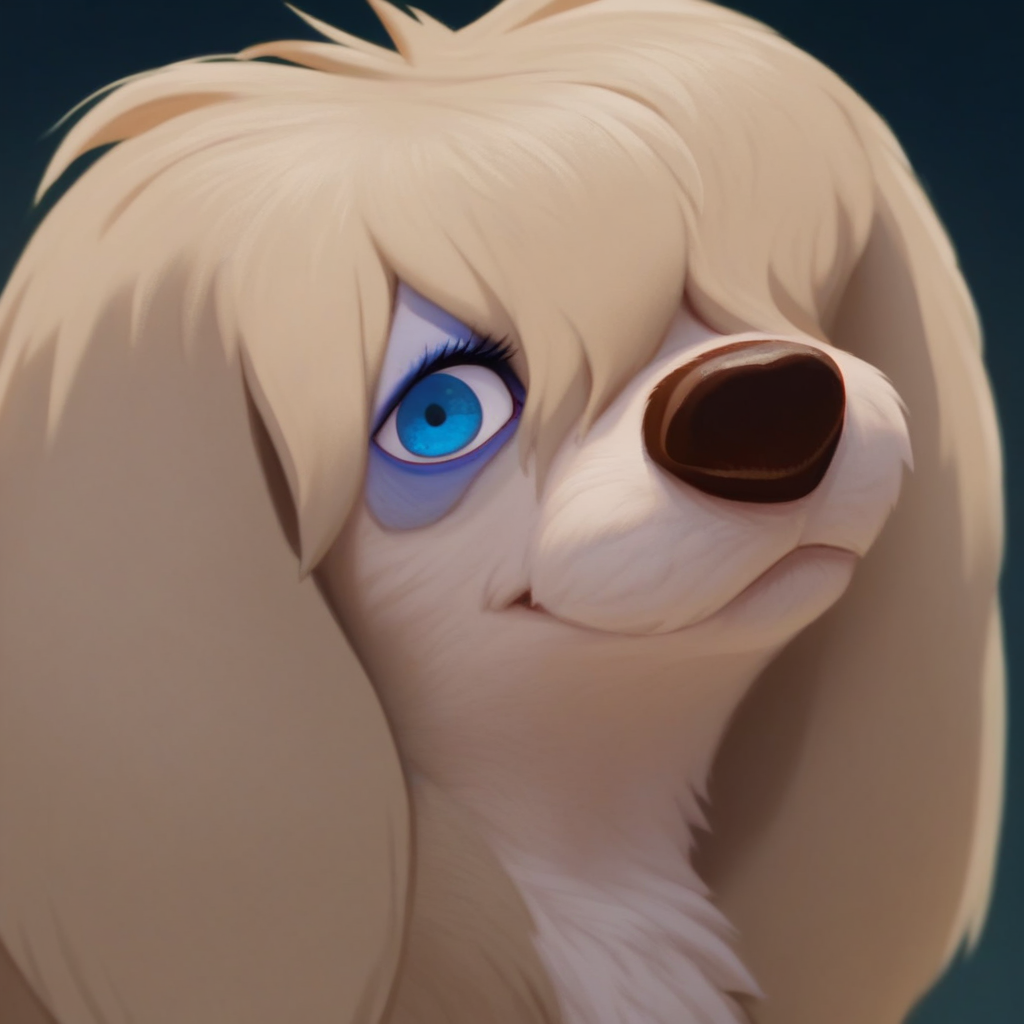 score_9, score_8_up, score_7_up, masterpiece, best quality, highly detailed, realistic, PegLTT, 1girl, solo, furry, feral, canine, tan body, tan fur, light-blue eyeshadow, blue eyes, black pupils, brown nose, hair over one eye, close-up, smile, closed mouth, looking at viewer, blue background, simple background