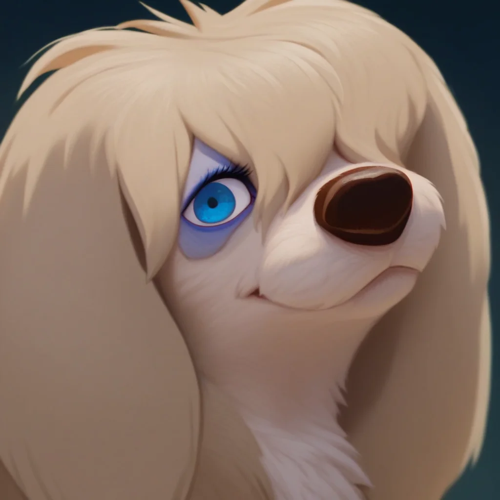 score_9, score_8_up, score_7_up, masterpiece, best quality, highly detailed, realistic, PegLTT, 1girl, solo, furry, feral, canine, tan body, tan fur, light-blue eyeshadow, blue eyes, black pupils, brown nose, hair over one eye, close-up, smile, closed mouth, looking at viewer, blue background, simple background