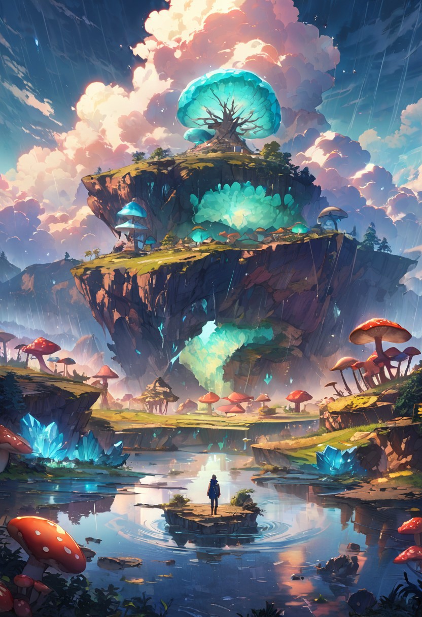oil matte art, best quality, calm relaxing scenery, beautiful anime landscape, mushroom forest, beautiful digital art, aqua glow, winter, great reflections, wet, panoramic view, rain, wet, on the mountain cliff, detailed rocky cliffs, detailed clouds, crystal clear, dark clouds in the background, bokeh, OverallDetail, depth of field, detailed art, expressionism,
extremely detailed, UHD,