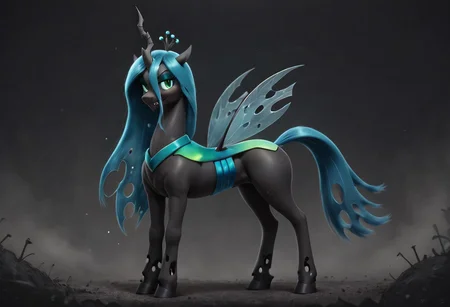 score_9, score_8_up, score_7_up, Artist:Dragk, BREAK,1girl, solo, cowboy shot,feral, pony, mare, Queen Chrysalis, standing, bug thighs, eye lashes, stable, dark, (seductive smile),(((side_view,full_body)))
