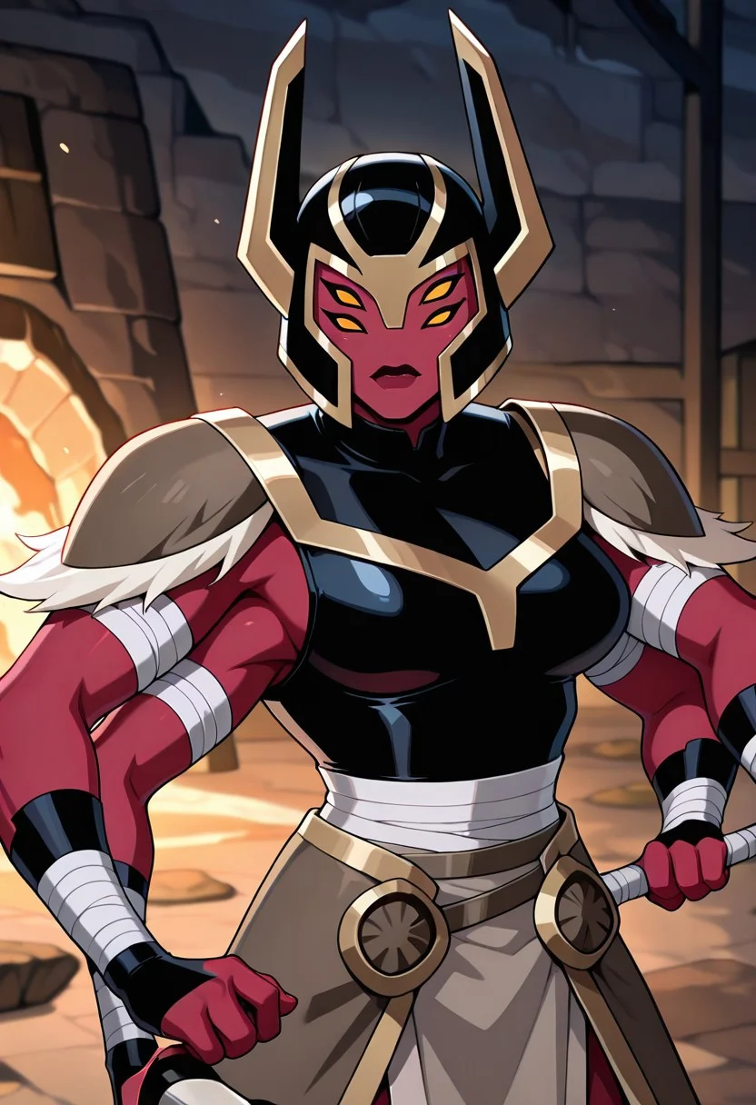 ((screencap, cartoon)) , masterpiece, best quality, amazing quality, very aesthetic, absurdres, newest,
looma,  red skin, solo, , yellow sclera,, extra eyes, , extra arm
helmet,armor, horns, bandages, black sleeveless shirt, turtle neck, , shoulder armor, bandaged arm, fighting pose, massive hammer, holding weapon
